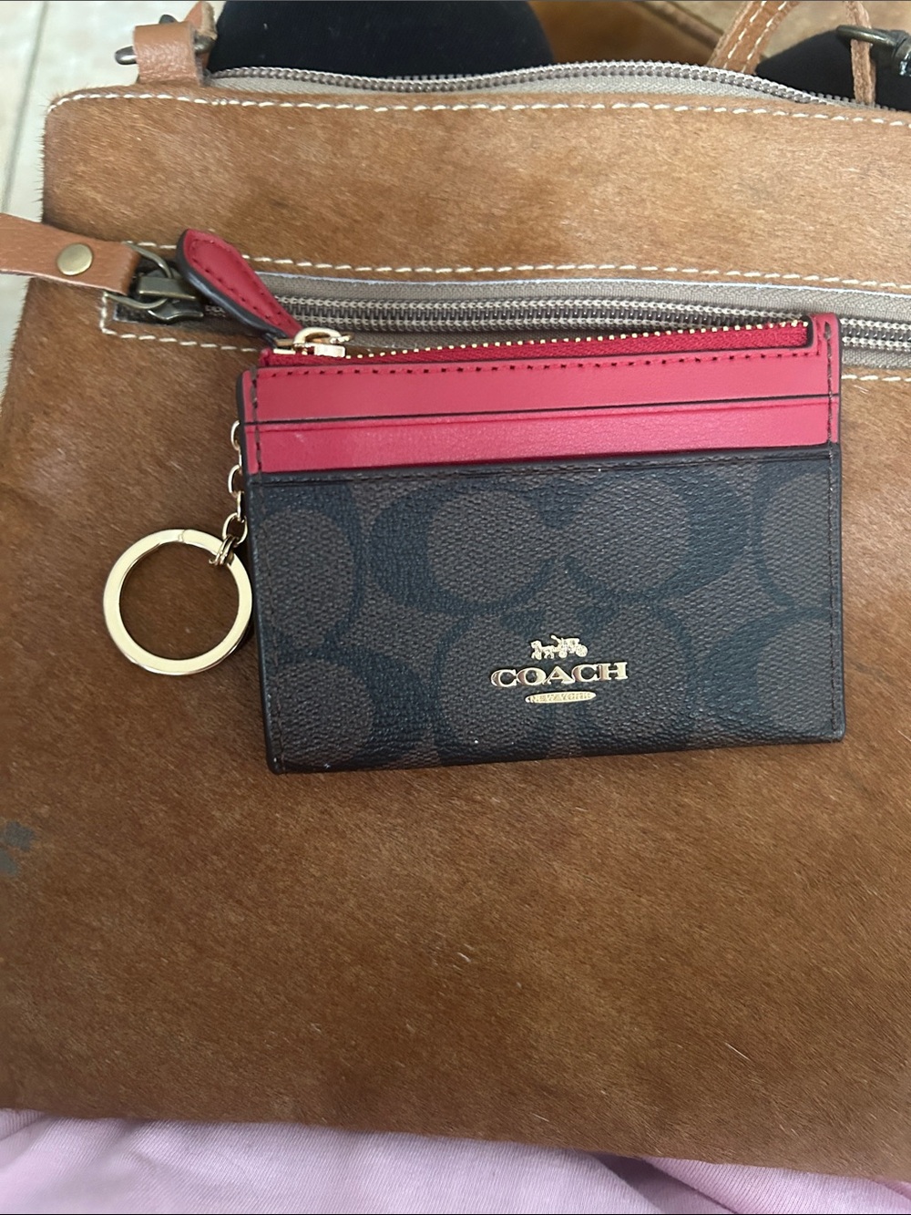 Coach Brown Signature Card Case with Red Trim and Gold Key Ring